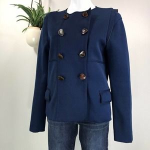 Lela Rose Blue Ponte Knit‎ Double Breasted Blazer Jacket Raw Reverse Seam Size L